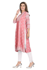 Pink Cotton Knee Length Nyra Cut Kurti with Laced 3/4th Sleeves and Mandarin Collar