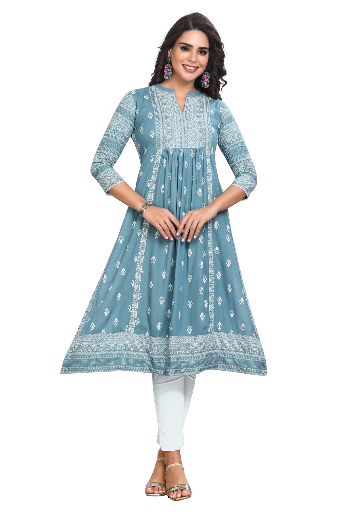 Pink Cotton KneeLength Nyra Cut Kurti with Laced 3/4th Sleeves and Mandarin Collar