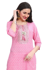 Cotton Kurta Set for Women in Pink with Jaipuri Print and Gota Embroidery