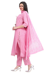 Cotton Kurta Set for Women in Pink with Jaipuri Print and Gota Embroidery