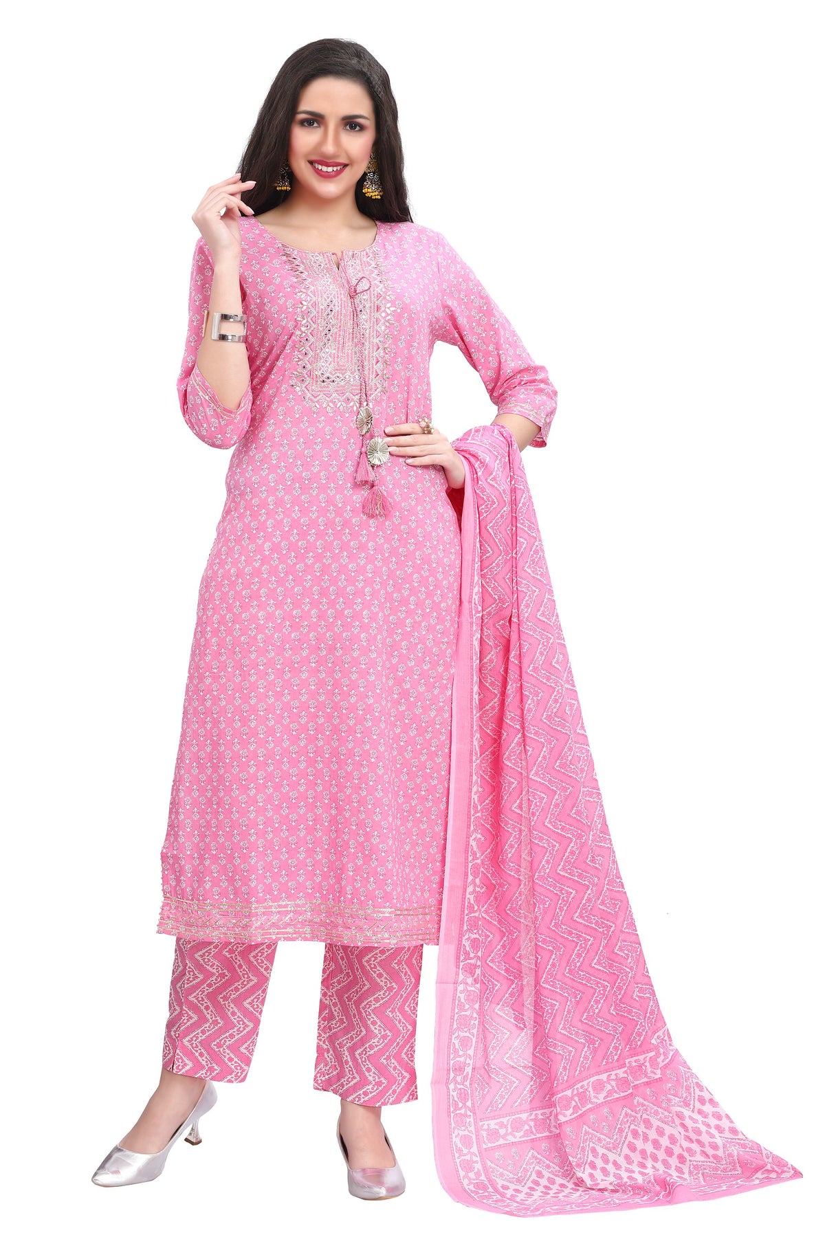 Cotton Kurta Set for Women in Pink with Jaipuri Print and Gota Embroidery