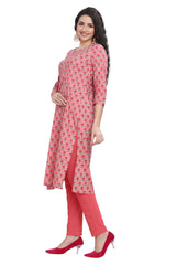 Pink Floral Print Straight Cut Kurti with Zari work