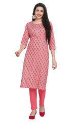 Pink Floral Print Straight Cut Kurti with Zari work