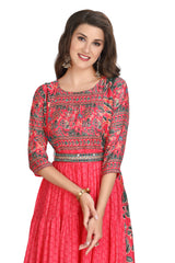 Pink Modal Frock Style Full-Length Kurti with Floral Print and Mirror Work