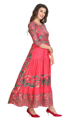 Pink Modal Frock Style Full-Length Kurti with Floral Print and Mirror Work