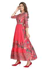 Pink Modal Frock Style Full-Length Kurti with Floral Print and Mirror Work