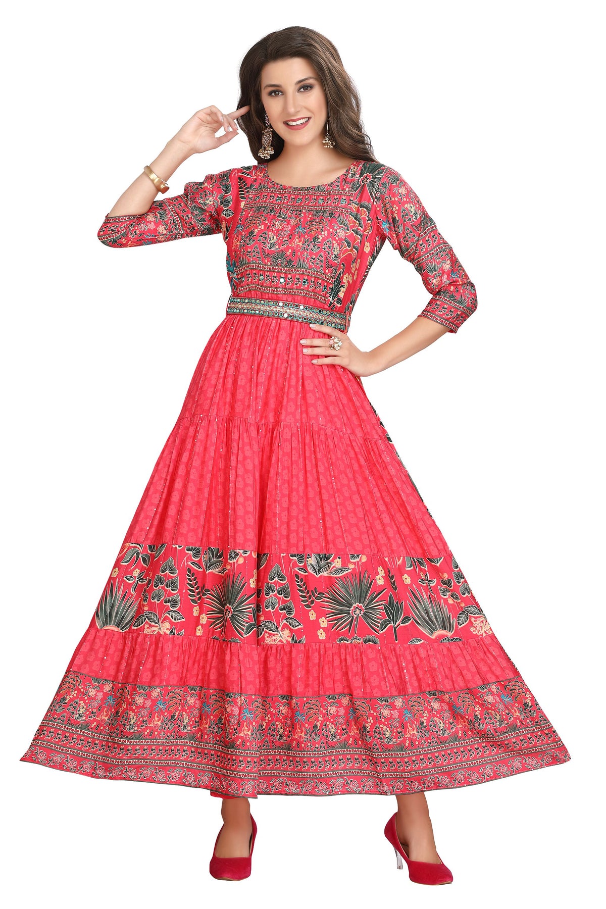 Pink Modal Frock Style Full-Length Kurti with Floral Print and Mirror Work