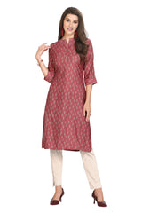 Pink Muslin Knee Length Straight Cut Kurta With 3/4th Cuffed Sleeves  for Women