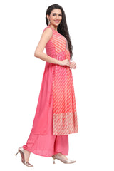 Pink Nyra cut Leheriya Print Kurta Set with Silk Palazzo and dupatta