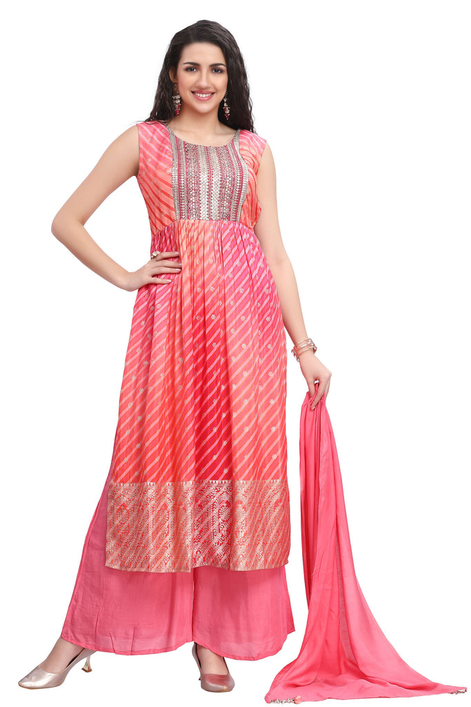 Pink Nyra cut Leheriya Print Kurta Set with Silk Palazzo and dupatta