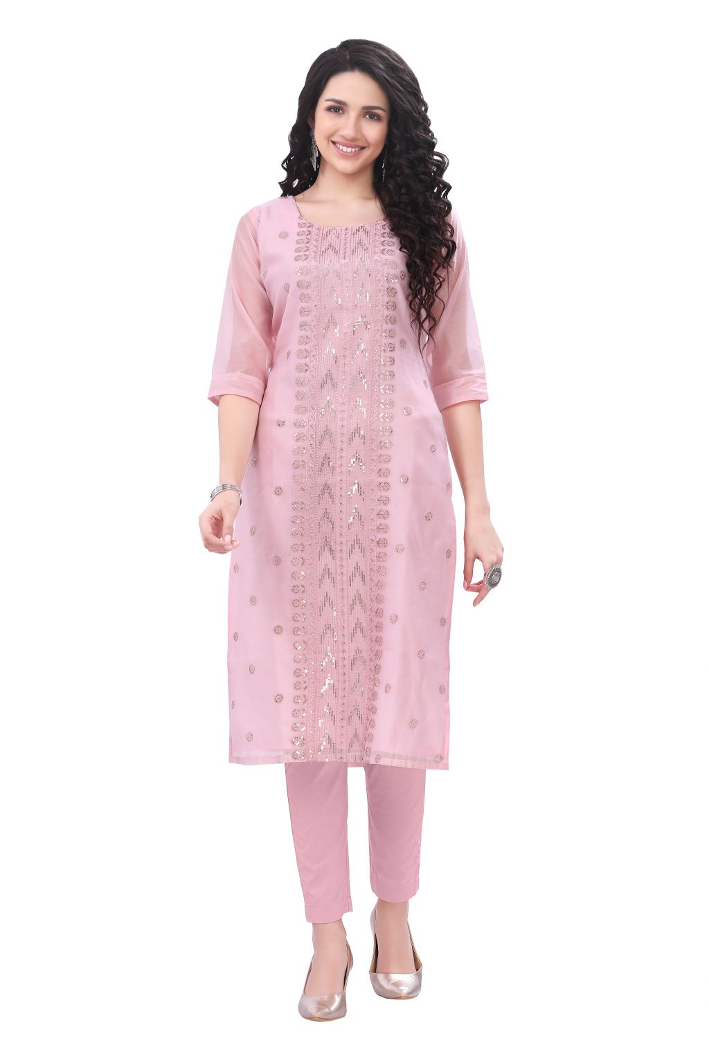 Pink Thread and Sequin Work Silk Kurti for women