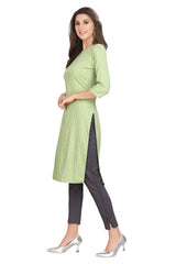 Pista Green Rayon Kurti: Straight Cut with Front Embroidery for Women