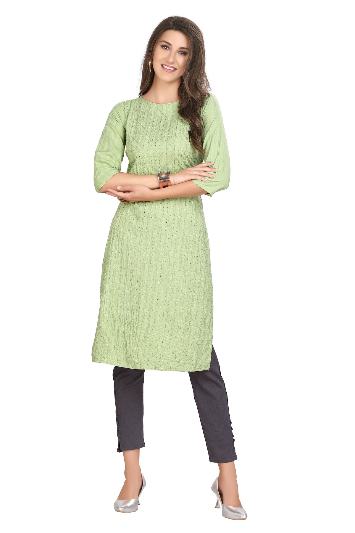 Pista Green Rayon Kurti: Straight Cut with Front Embroidery for Women