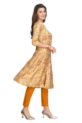 Princess Style Stitching Muslin Kurti in Gold and Multi-Color Print