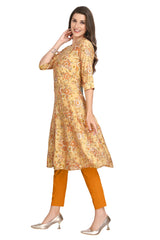 Princess Style Stitching Muslin Kurti in Gold and Multi-Color Print