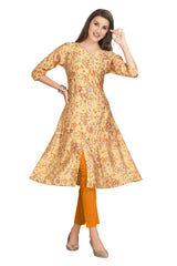 Princess Style Stitching Muslin Kurti in Gold and Multi-Color Print