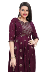 Purple Silk Nyra Cut Kurta Set with Embroidered Yoke and Zari Motifs