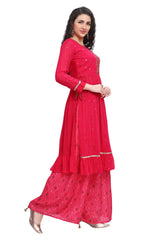 Rani Pink Chinnon Nyra Cut Kurti Set with Sequin Work Ikkat Print Palazzo and Chiffon Dupatta