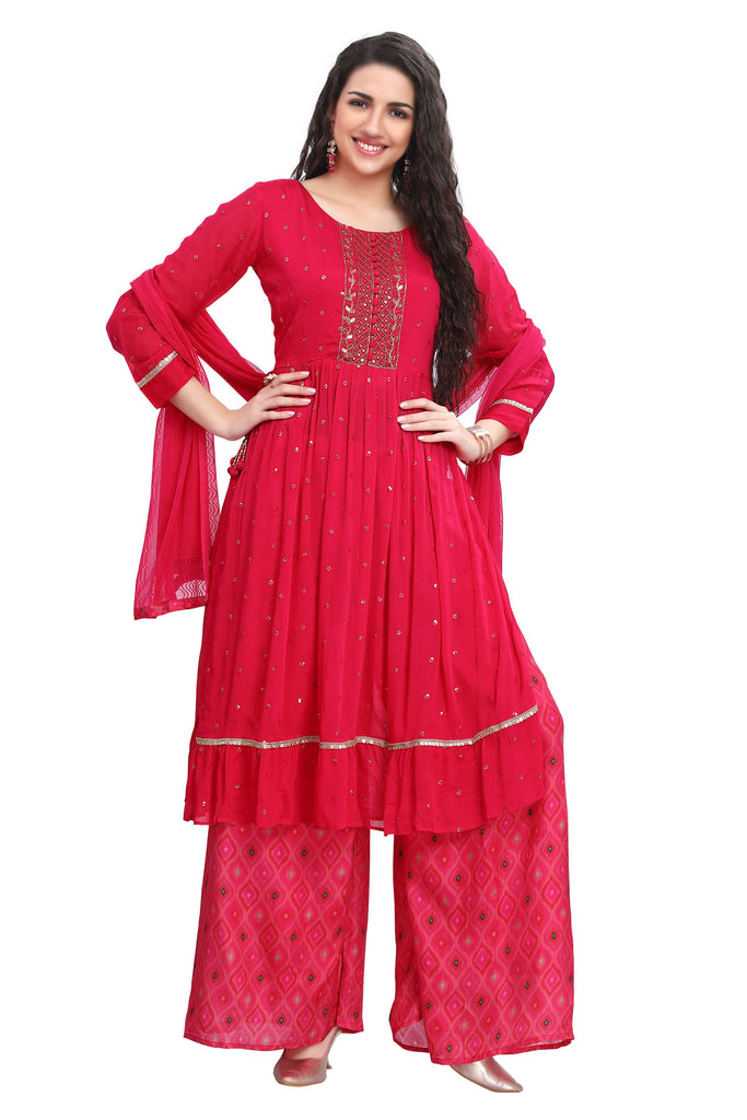 Rani Pink Chinnon Nyra Cut Kurti Set with Sequin Work Ikkat Print Palazzo and Chiffon Dupatta