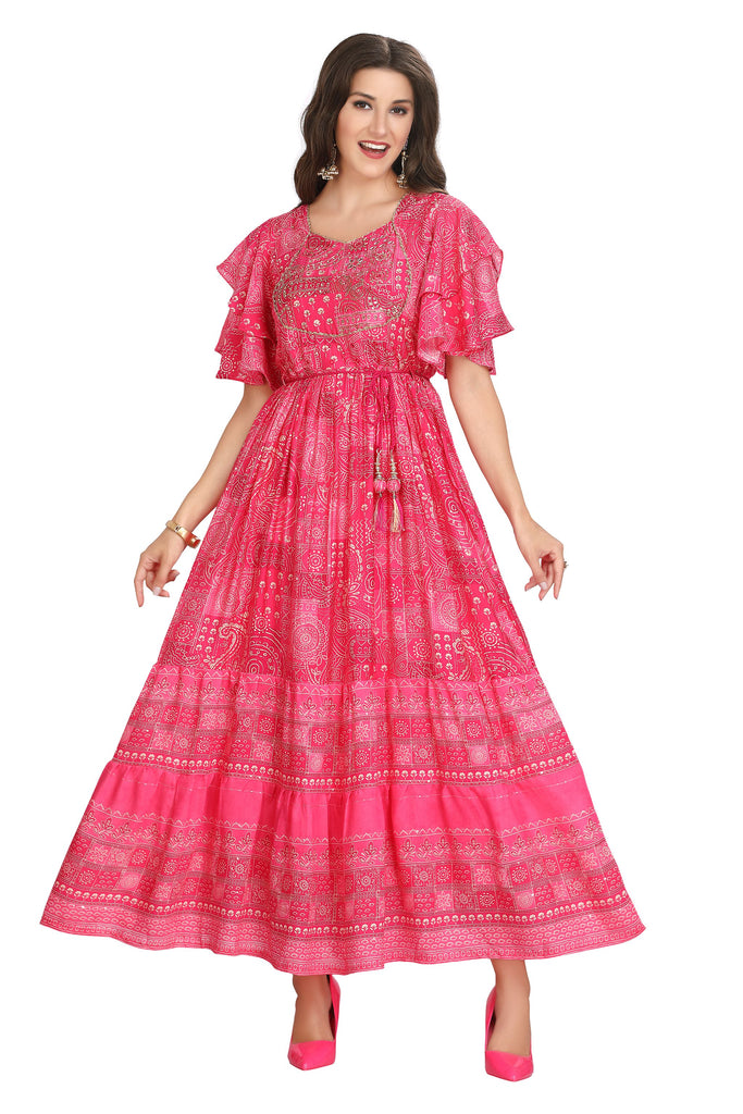 Rani Pink Modal Frock Style Full-Length Kurti with Fusion Print