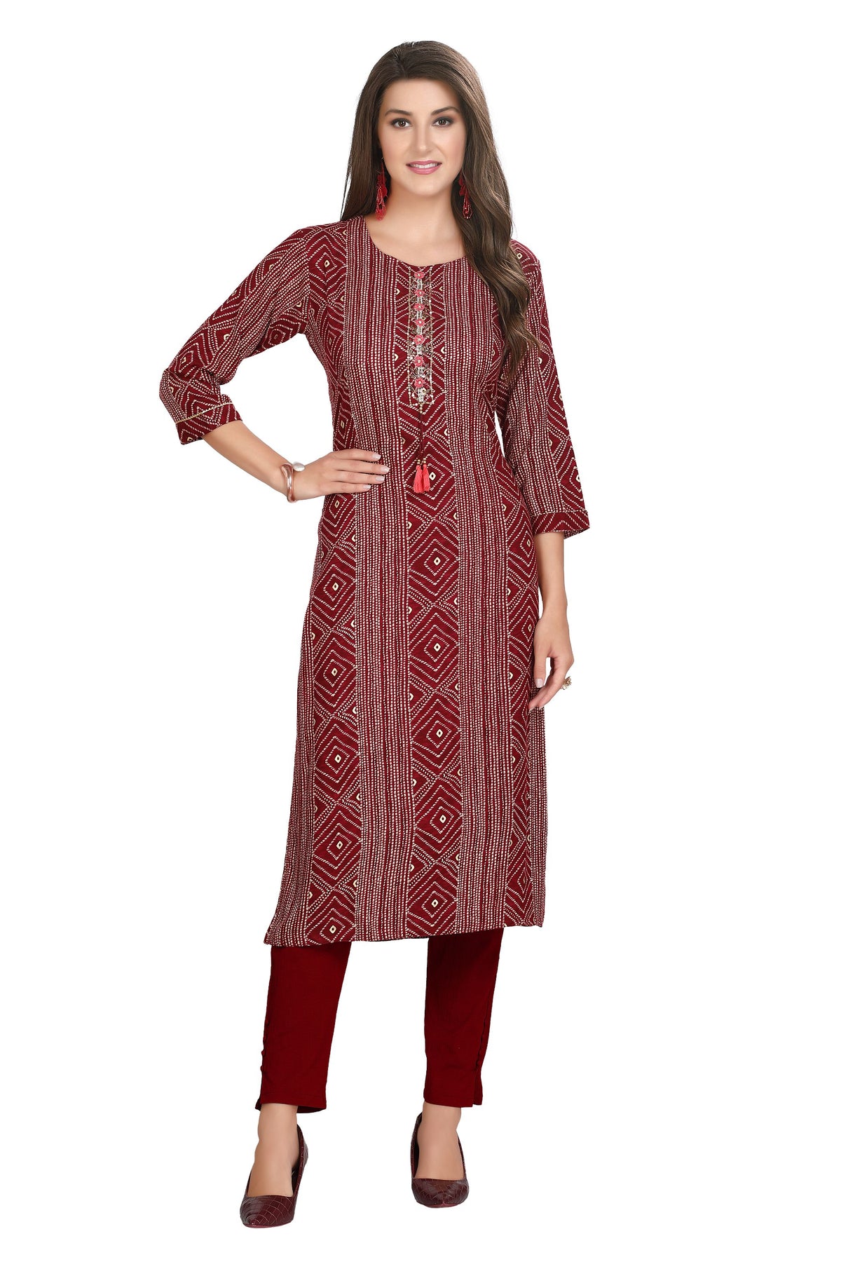 Rayon Knee Length Straight Cut Kurti with Round Neck and Embroidery Patch Work