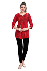 Red Bandhani Print Short Kurti with Sequin Cut-Dana Work