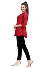 Red Bandhani Print Short Kurti with Sequin Cut-Dana Work