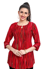 Red Bandhani Print Short Kurti with Sequin Cut-Dana Work