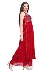 Red Georgette NyraCut Kurti Set with Mirror Embroidered Yoke with Sequine Butis Work and Palazzo