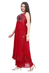 Red Georgette NyraCut Kurti Set with Mirror Embroidered Yoke with Sequine Butis Work and Palazzo