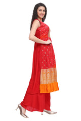 Red Muslin Multi-tiered Nyra Cut Bandhani Print set with Silk Palazzo and Dupatta