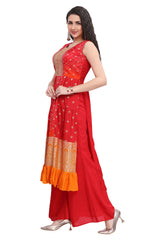 Red Muslin Multi-tiered Nyra Cut Bandhani Print set with Silk Palazzo and Dupatta