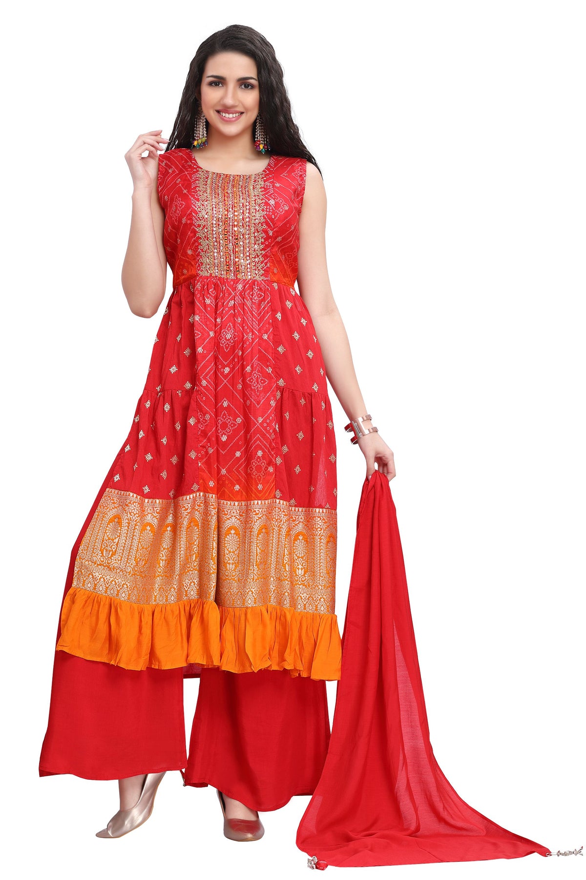 Red Muslin Multi-tiered Nyra Cut Bandhani Print set with Silk Palazzo and Dupatta