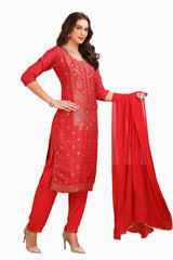 Red Silk Kurta Set Banarasi and Ajrakh Fusion with Hand Embroidery