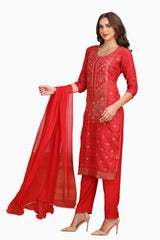 Red Silk Kurta Set Banarasi and Ajrakh Fusion with Hand Embroidery