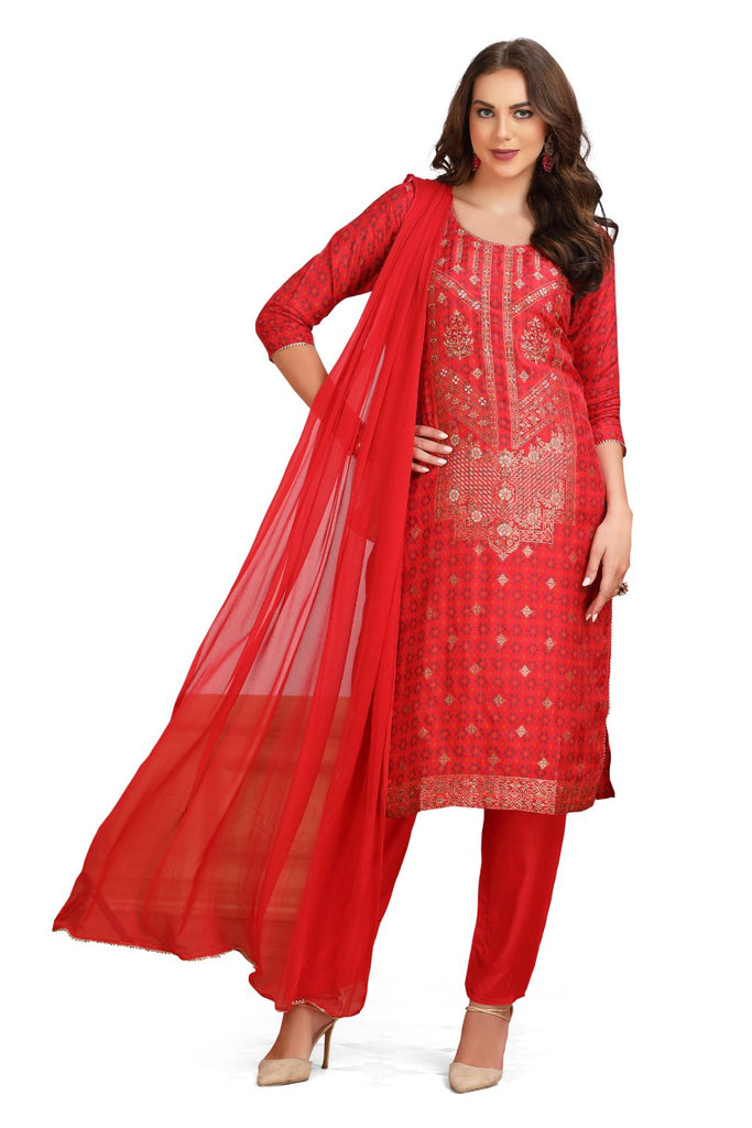 Red Silk Kurta Set Banarasi and Ajrakh Fusion with Hand Embroidery