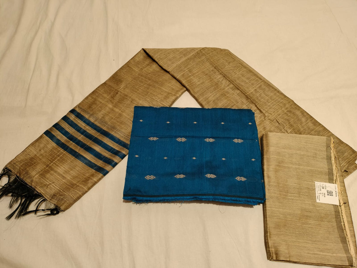 Royal Blue & Grey South Indian Art Silk Suit 3 Dress Material Set
