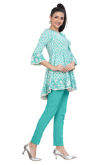 Sea Green Geometrical Print Cotton Frock Style Kurti for Women