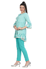 Sea Green Geometrical Print Cotton Frock Style Kurti for Women