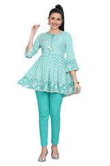 Sea Green Geometrical Print Cotton Frock Style Kurti for Women