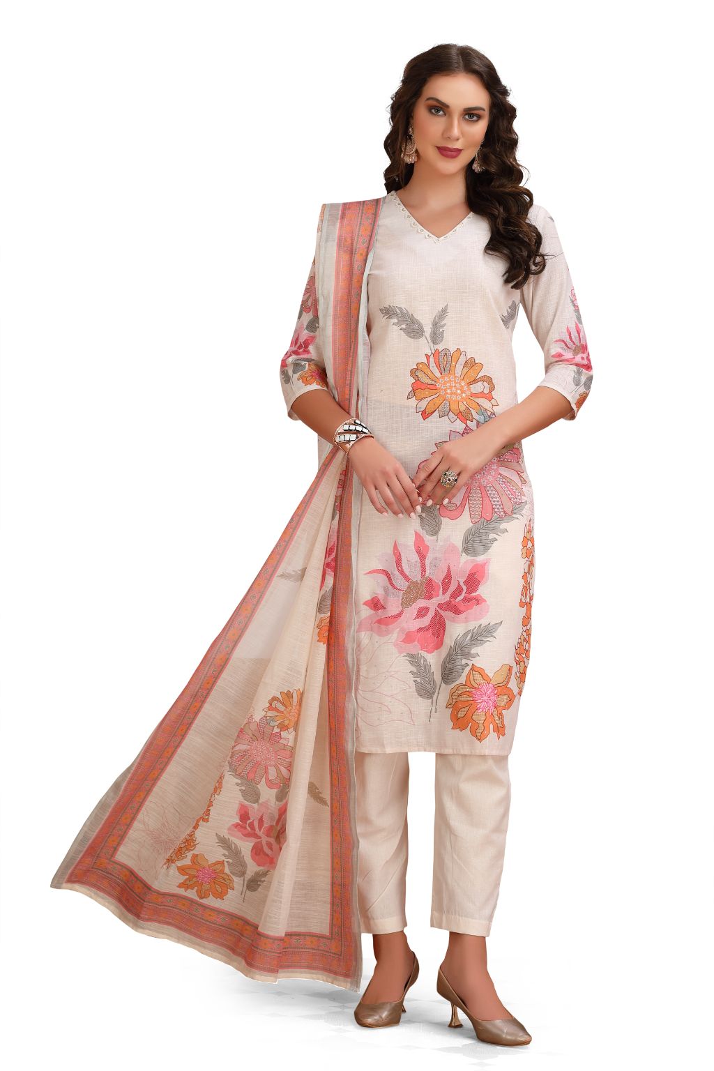 Sequin work Kurta Set with pant and Dupatta - Cream