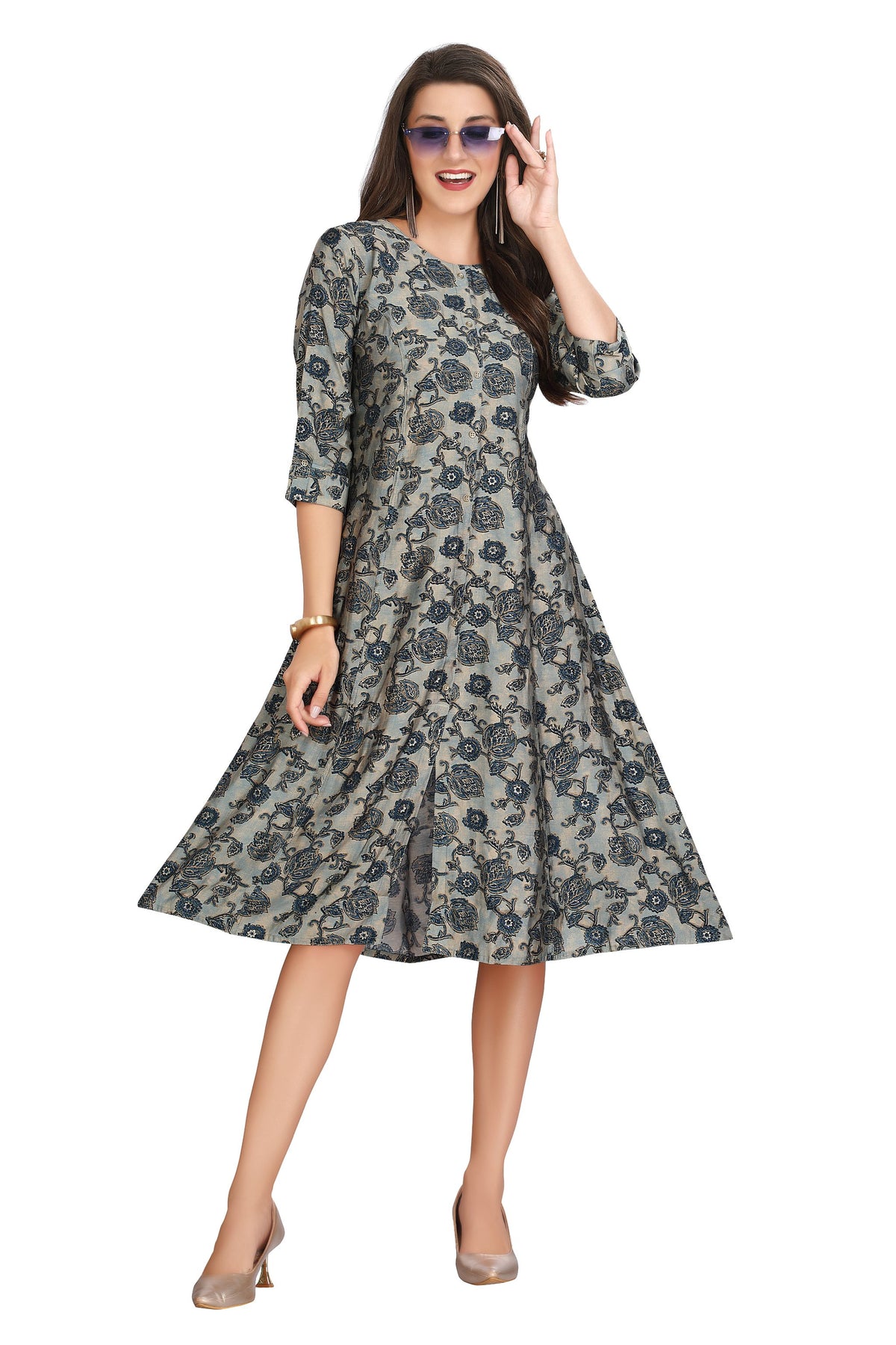 Shaded Metallic Grey Silk Kurti: A-Line with Gold & Blue Floral Print