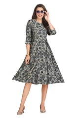 Shaded Metallic Grey Silk Kurti: A-Line with Gold & Blue Floral Print