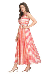 Shibori Print Peach Frock Style Kurti for Women with Mirror Work Belt