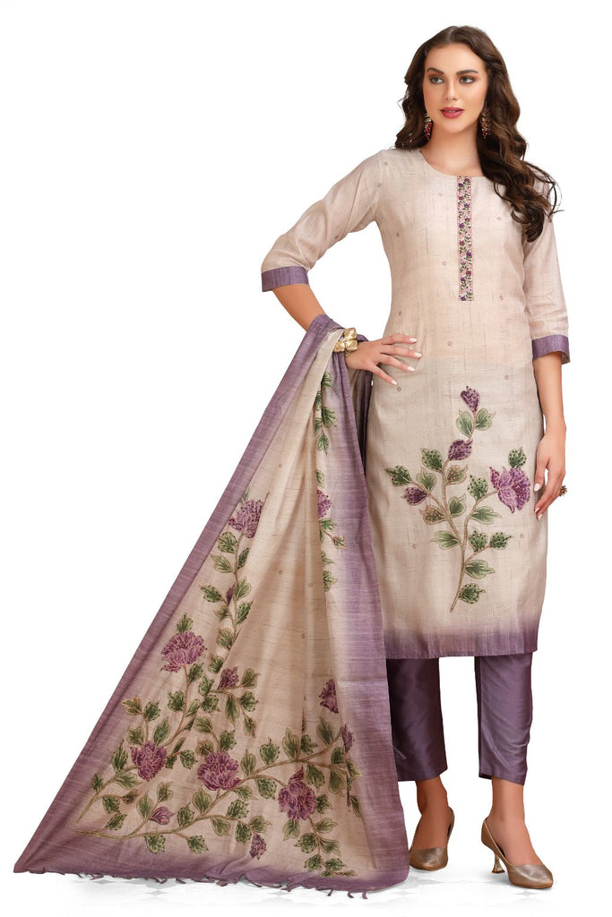 Silk Kantha work Kurta Set with Pant and Dupatta CreamSilk Kantha work Kurta Set with Pant and Dupatta Cream