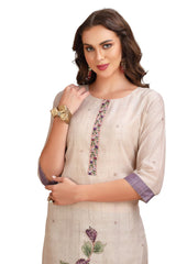 Silk Kantha work Kurta Set with Pant and Dupatta CreamSilk Kantha work Kurta Set with Pant and Dupatta Cream