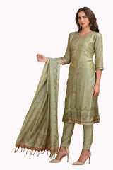 Silk Kantha work Kurta Set with Pant and Dupatta Green