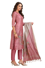 Silk Kantha work Kurta Set with Pant and Dupatta Pink