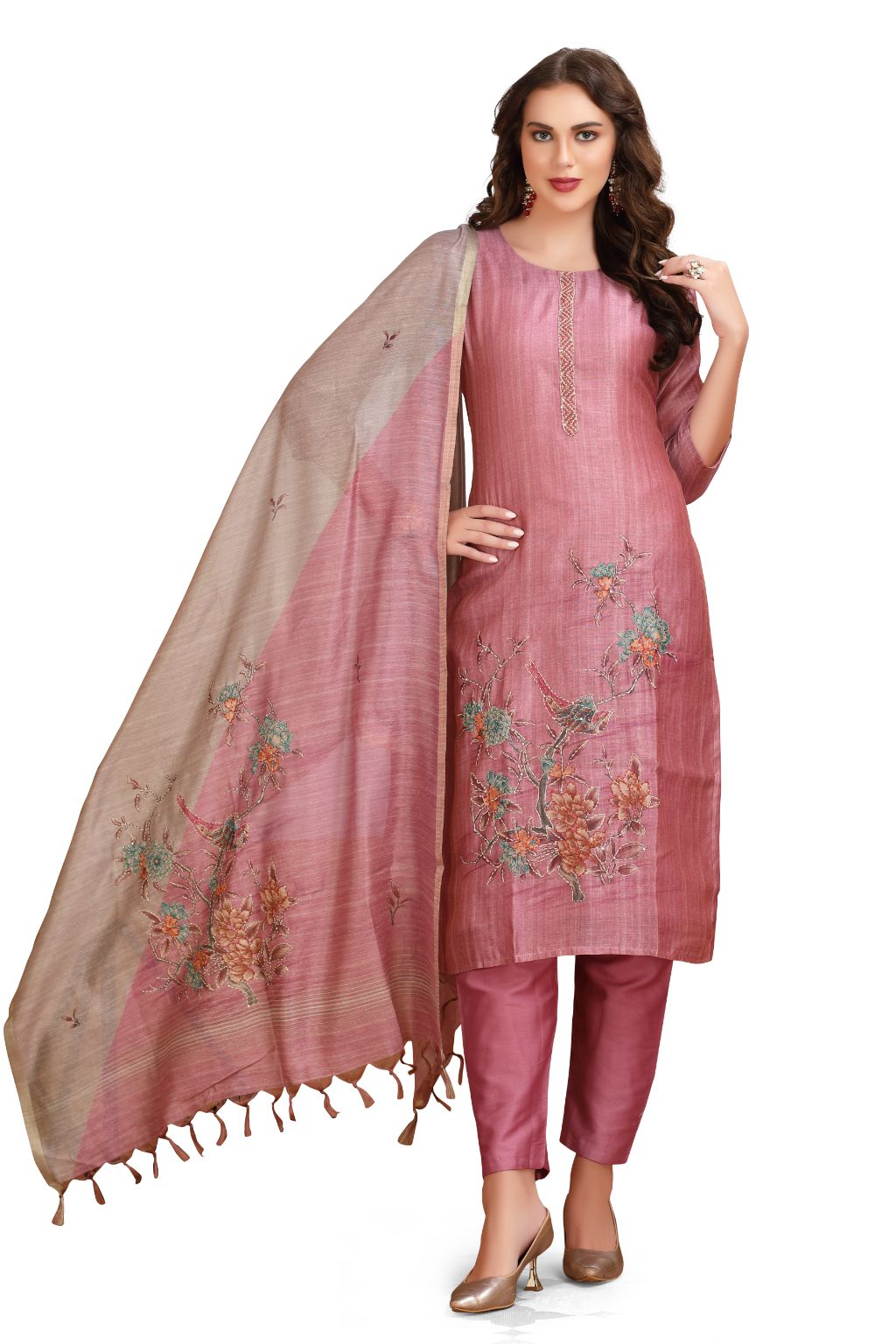 Silk Kantha work Kurta Set with Pant and Dupatta Pink