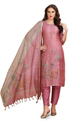 Silk Kantha work Kurta Set with Pant and Dupatta Pink